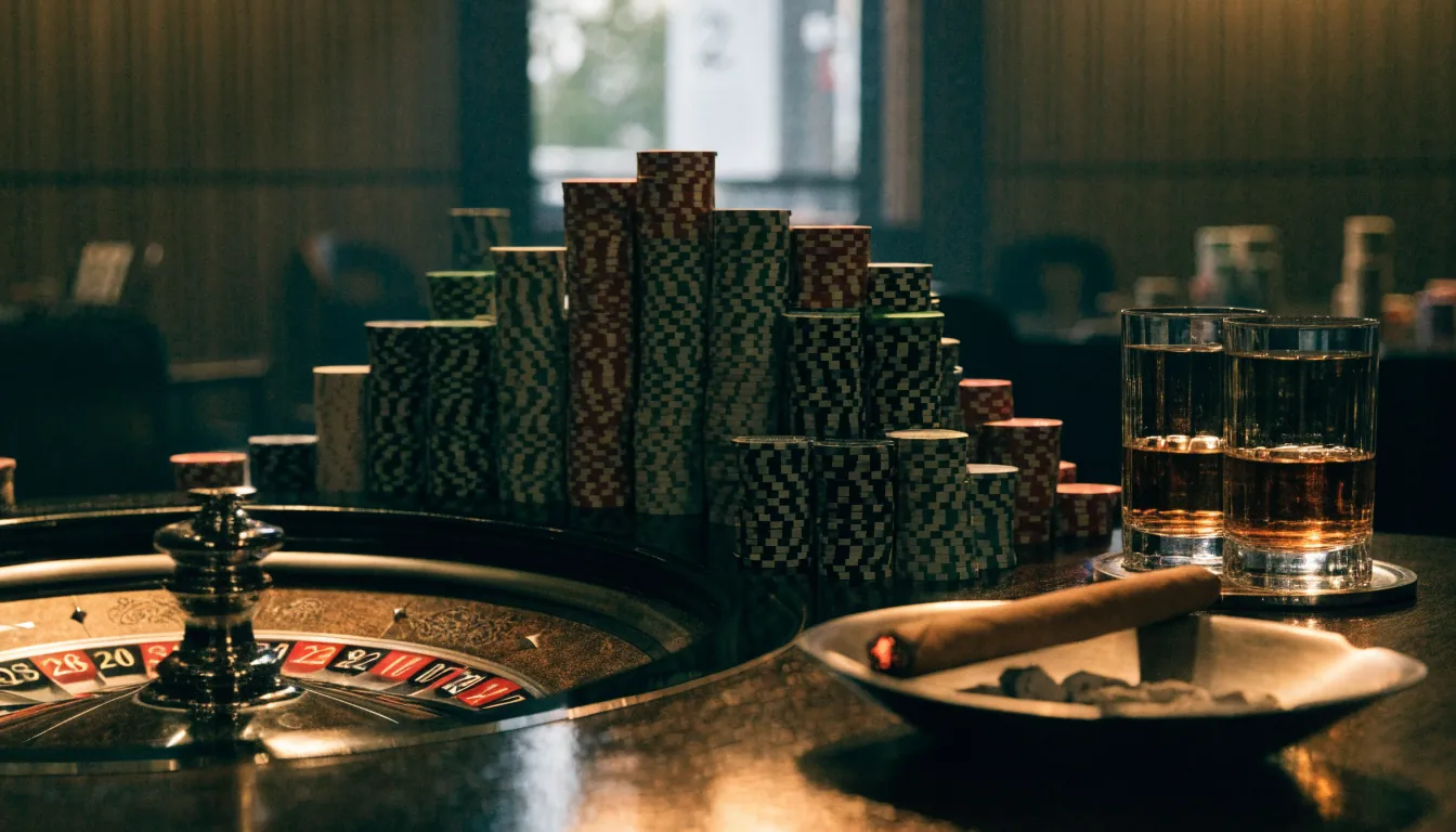 Lyxigt casinobord med höga stackar marker, roulette och whiskey i varm belysning