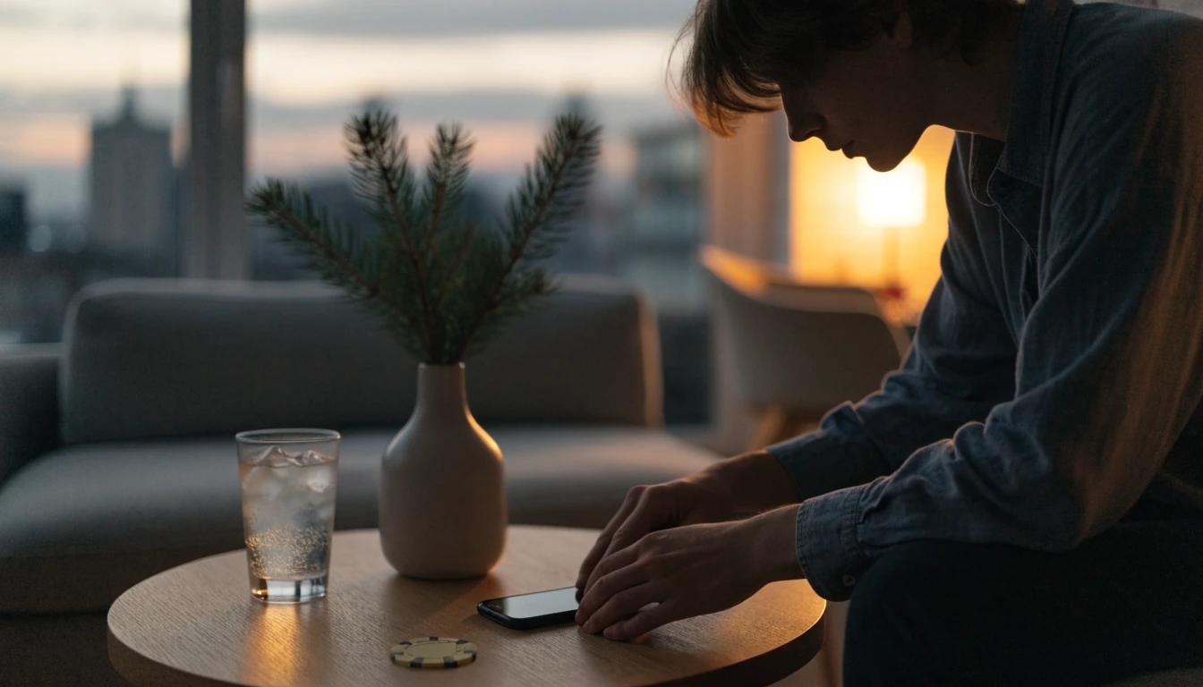 Modern svensk vardagsrum med iPhone och casinomarker på soffbord
