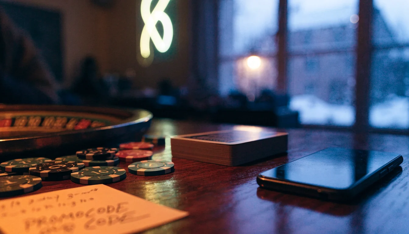 Casinochips, kortlek och roulette på bord med nedåtvänd telefon