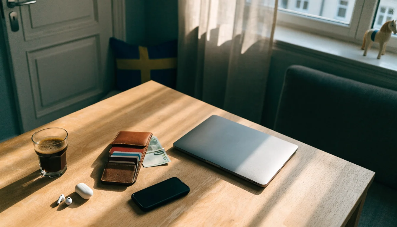 Svenskt hem med stängd laptop, kronorssedel och mobiltelefon på bordet
