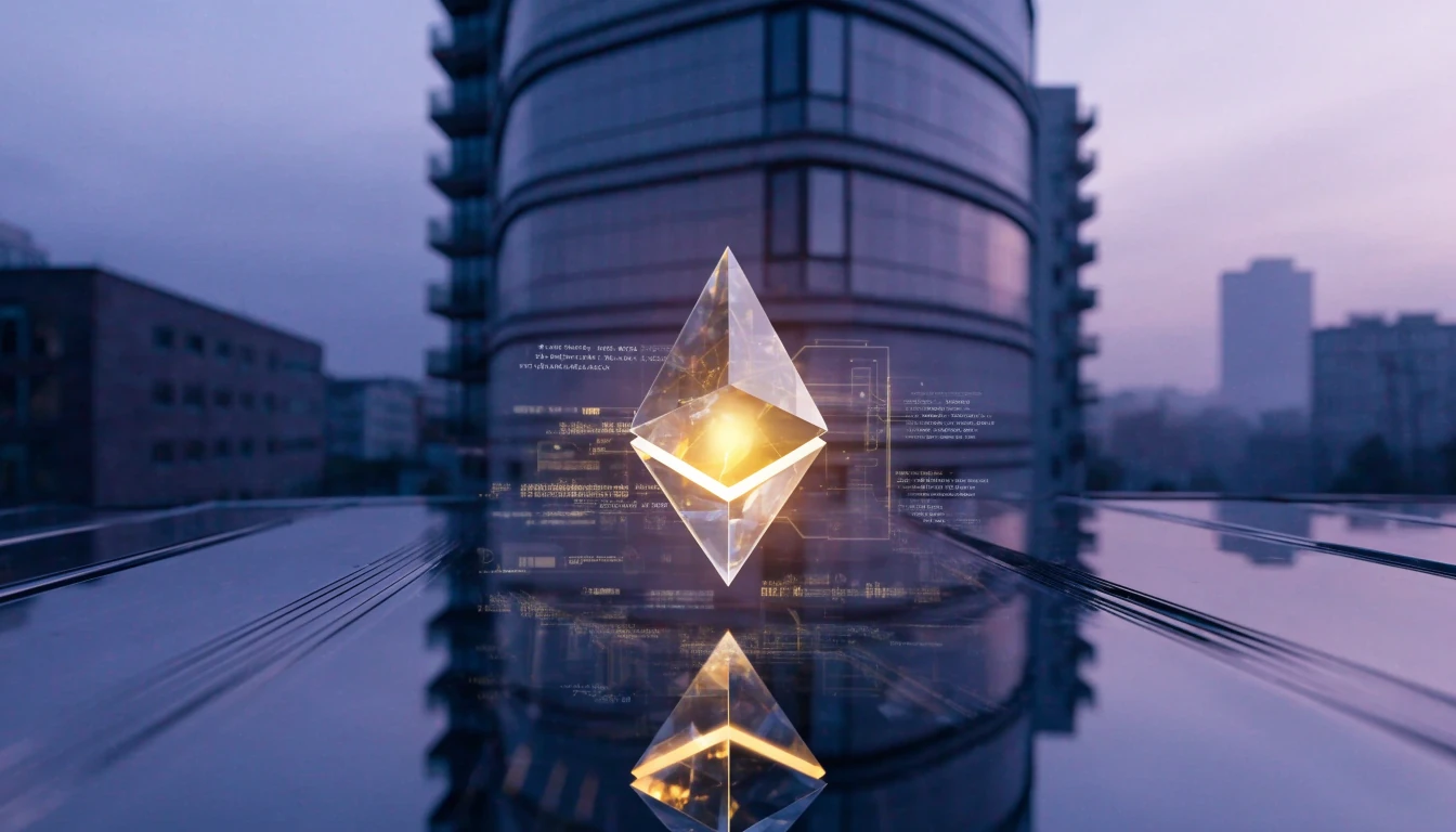 Ethereum-symbol ovanför Stockholms skyline i skymning med nordisk estetik
