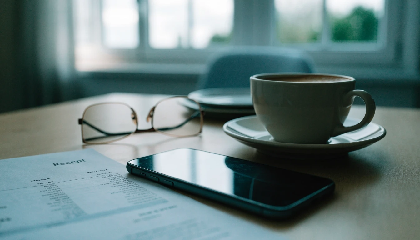 Skrivbord med mobiltelefon, pappersfaktura i kronor och kaffekopp
