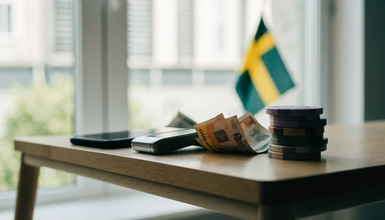Svenskt skrivbord med mobiltelefon, kontaktlös betalning och casinomarker