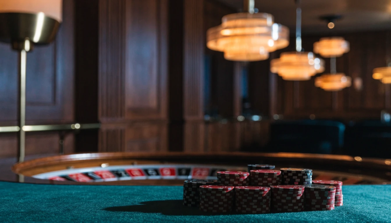 Stilren nordisk casinolounge med marker och roulettehjul i varm belysning