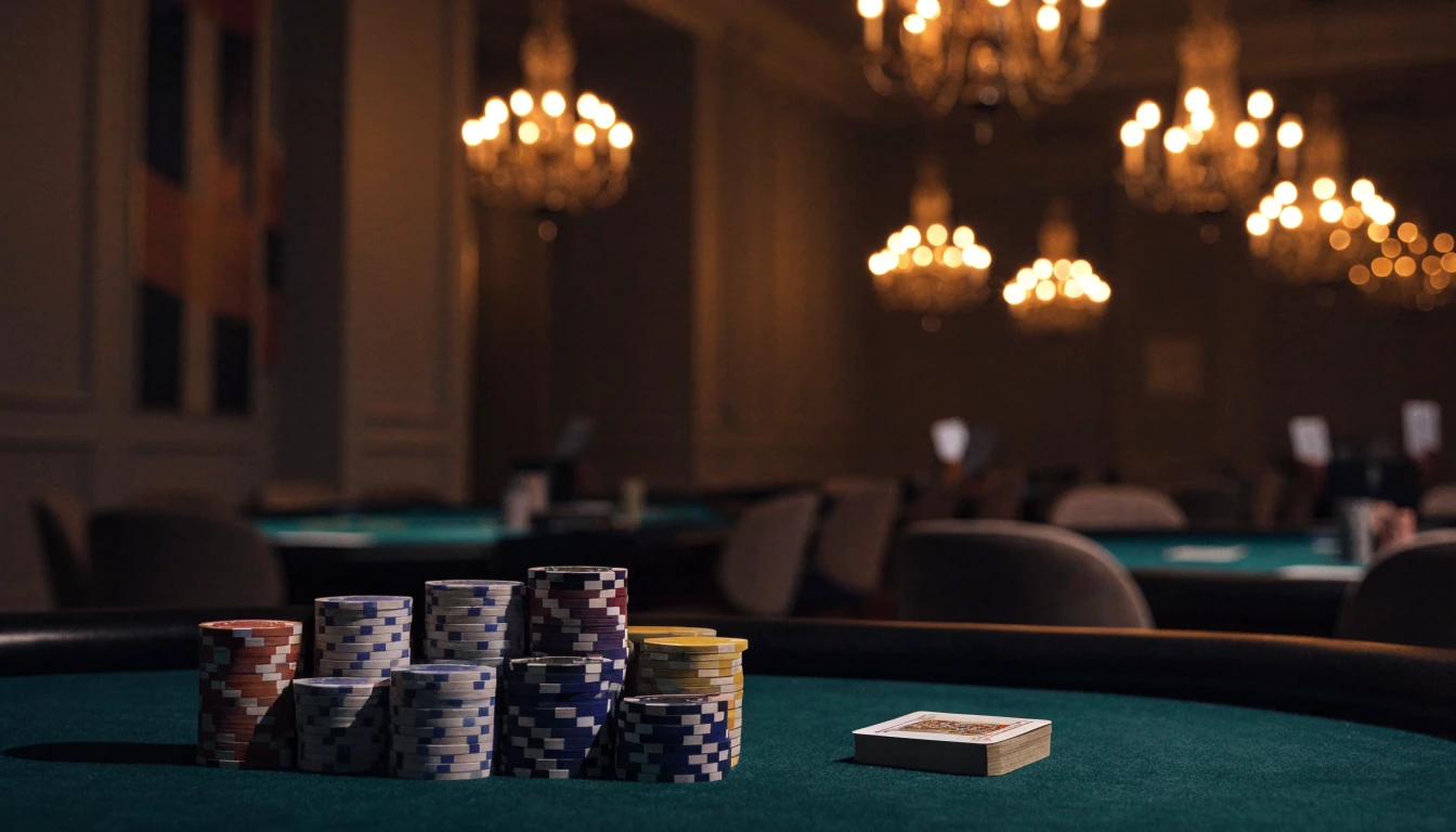 Elegant svenskt casino med kortlekar och marker på filtbord