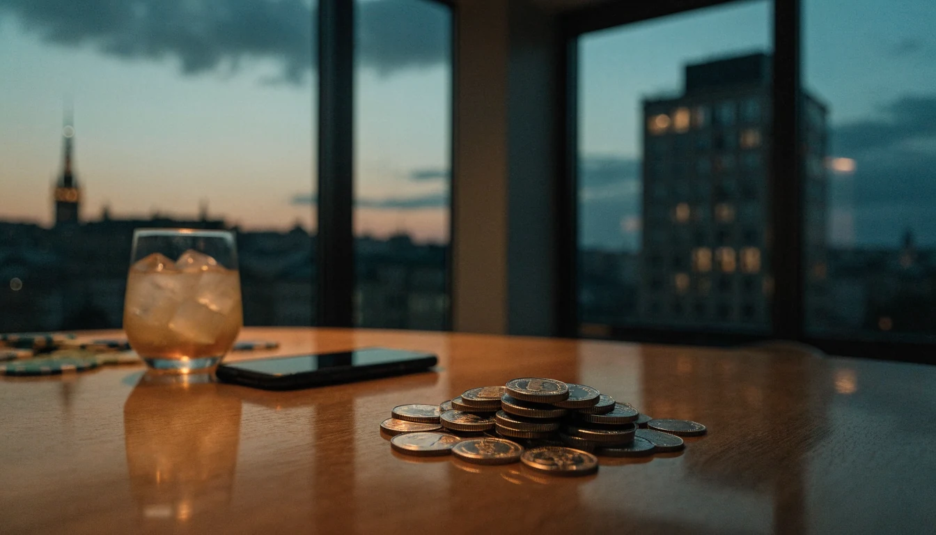 Litecoin-mynt, whiskyglas och casinotokens på ett bord i en modern lägenhet