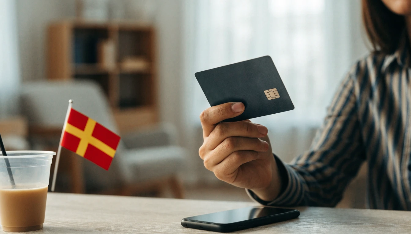 Hand som håller ett bankkort vid ett bord med svensk flagga