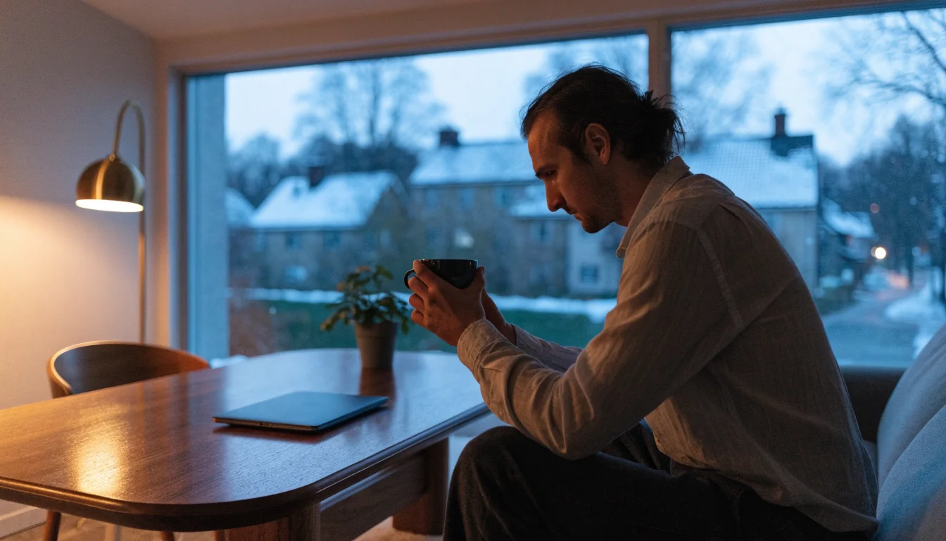 Man kopplar av i modernt skandinaviskt vardagsrum med stängd laptop