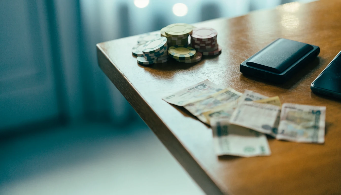 Smartphone och e-plånbok på bord med kronor och casinomarker