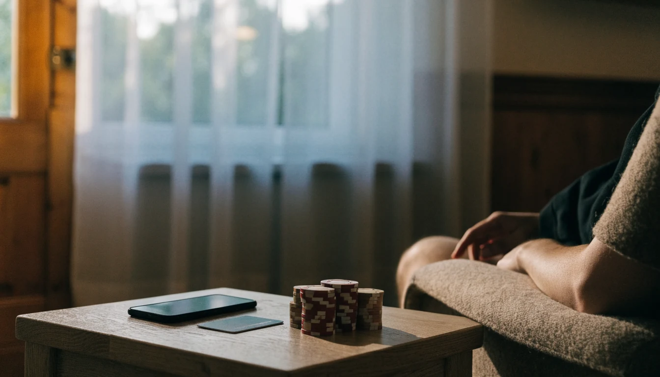 Smarttelefon med kreditkort och casinofigurer på sidobord