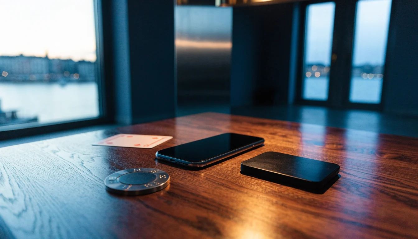 Smarttelefon med casinoleksaker på ett bord i en skandinavisk miljö