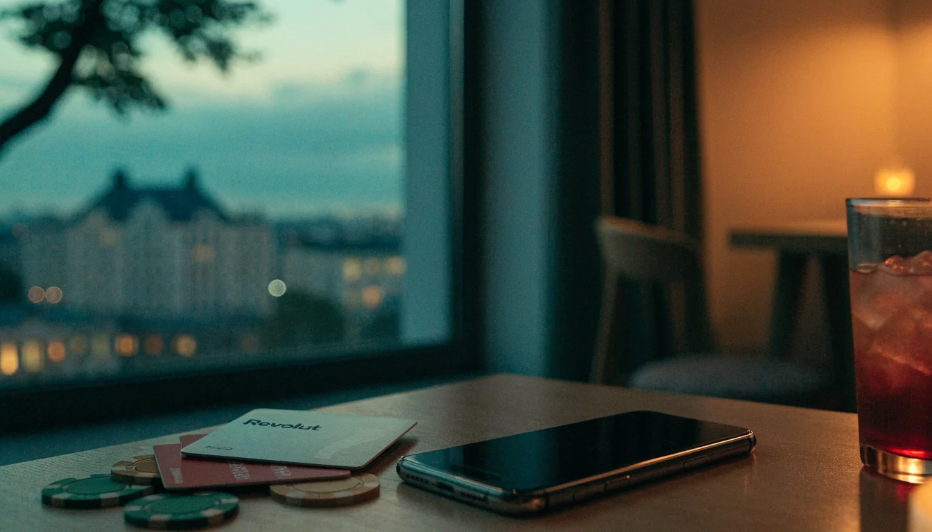 Smartphone, betalkort och casinokmarker på ett bord i en modern svensk lägenhet