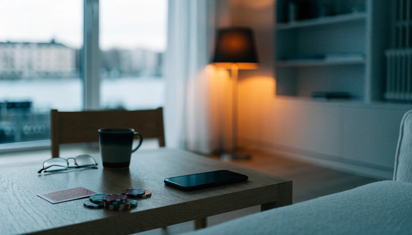 Svensk minimalistisk vardagsrum med telefon, casinofigurer och vinterutsikt över Stockholm