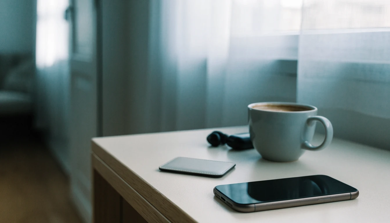 Modern svensk arbetsplats med telefon och digital plånbok