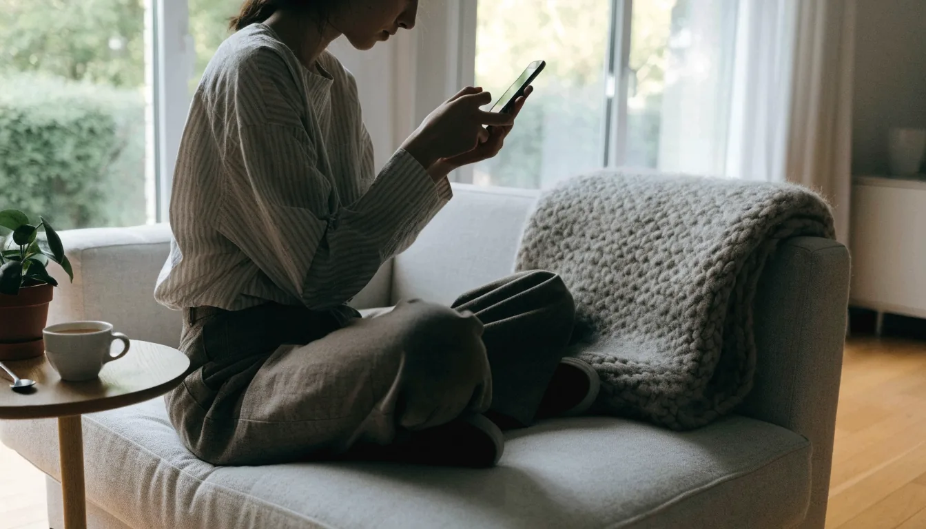 Person med smartphone i modern svensk lägenhet, avslappnad atmosfär