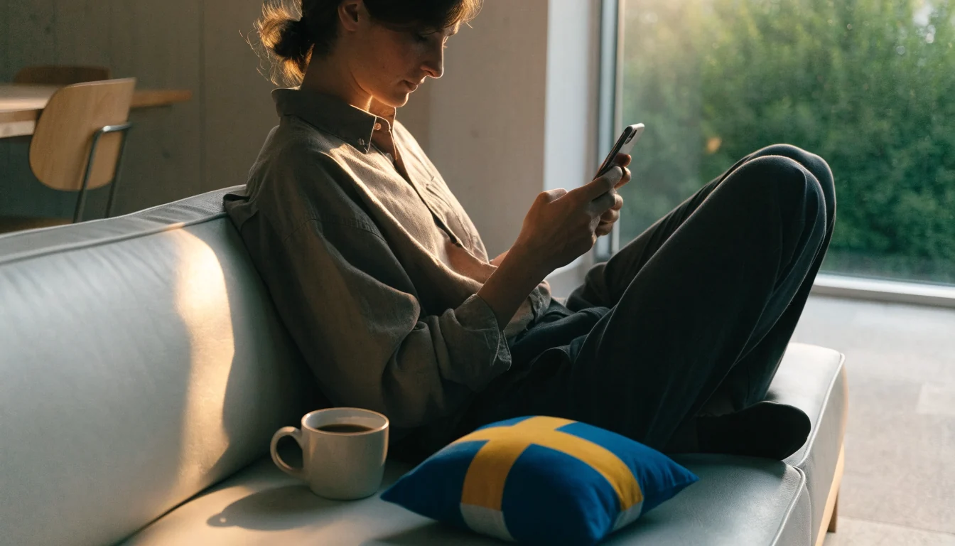 Avslappnad person med smartphone i modernt svenskt vardagsrum