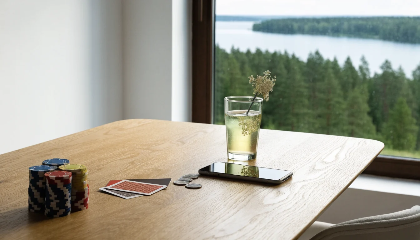 Modernt svenskt rum med casinomarker, spelkort och smartphone på ett elegant bord