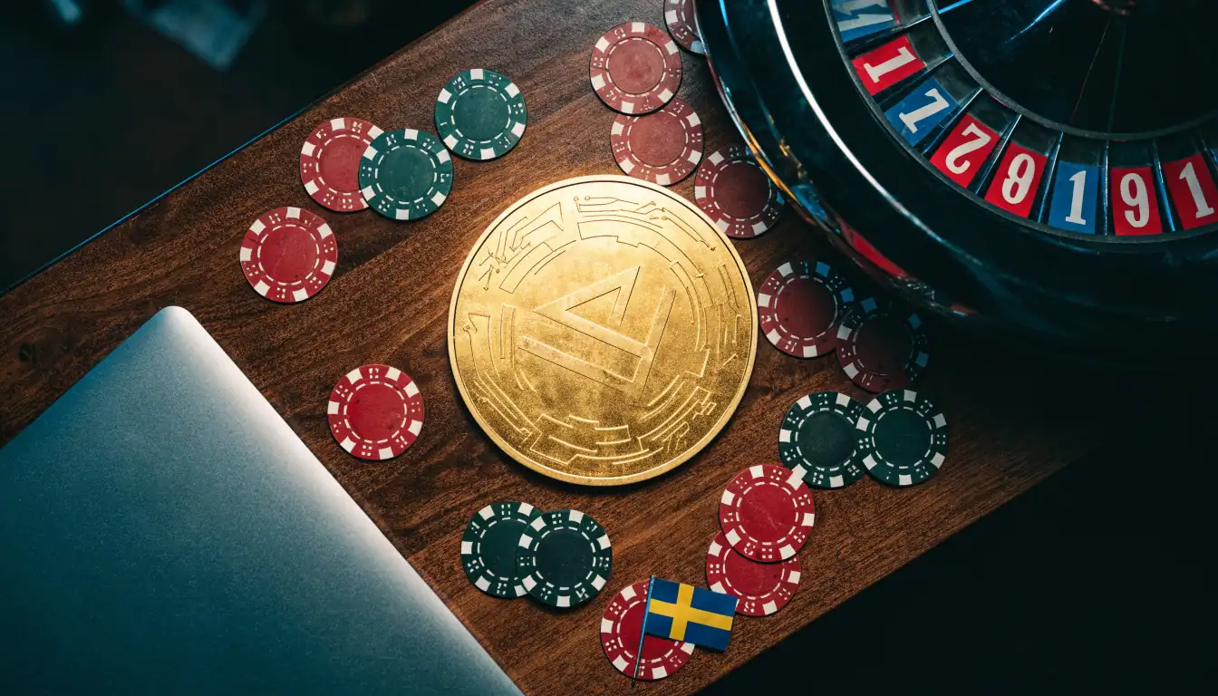 Tron-kryptovaluta mynt med casinofigurer på ett mörkt bord