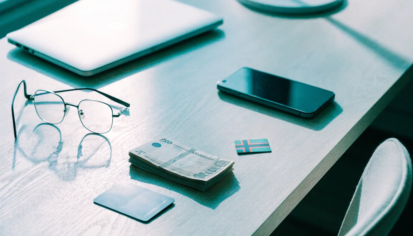 Smartphone, svenska kronor och bankkort på ett minimalistiskt skrivbord