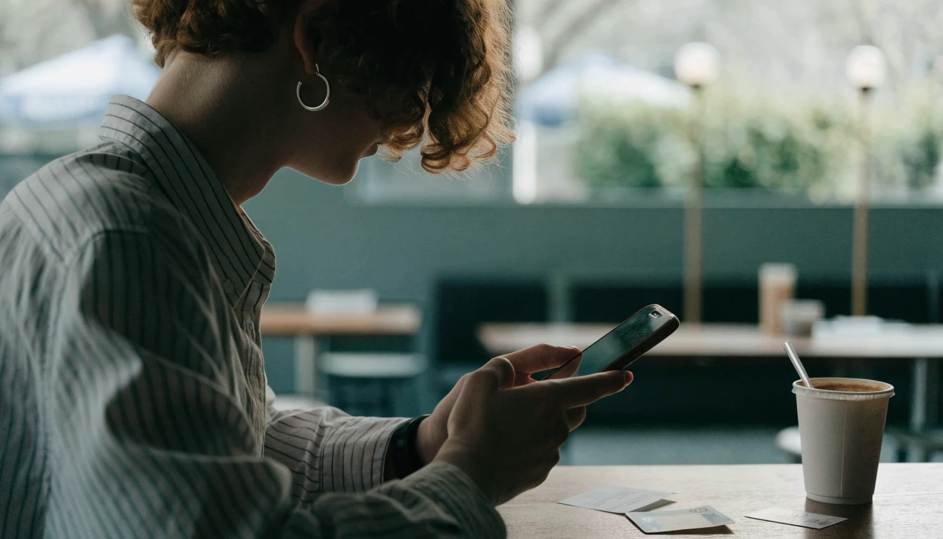 Person med svensk kronorsedel och bankkort vid kafé