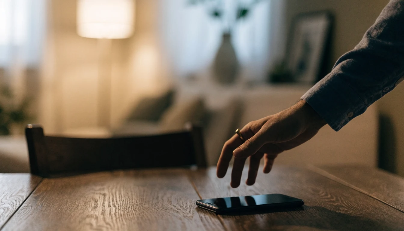 Android-mobil på ett svenskt vardagsrumsbord i varm belysning