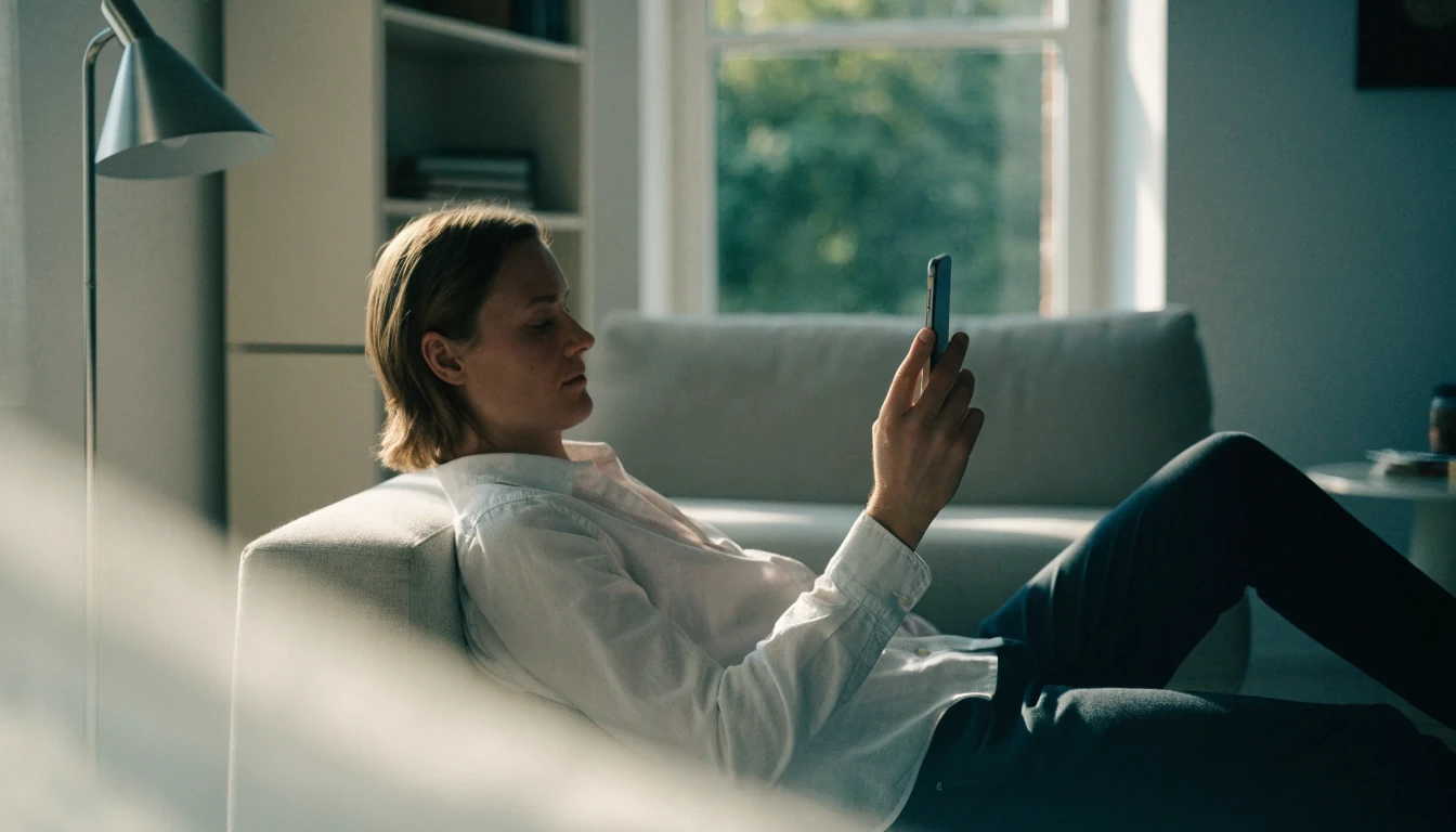 Svensk person som håller en iPhone i en modern vardagsrumsmiljö