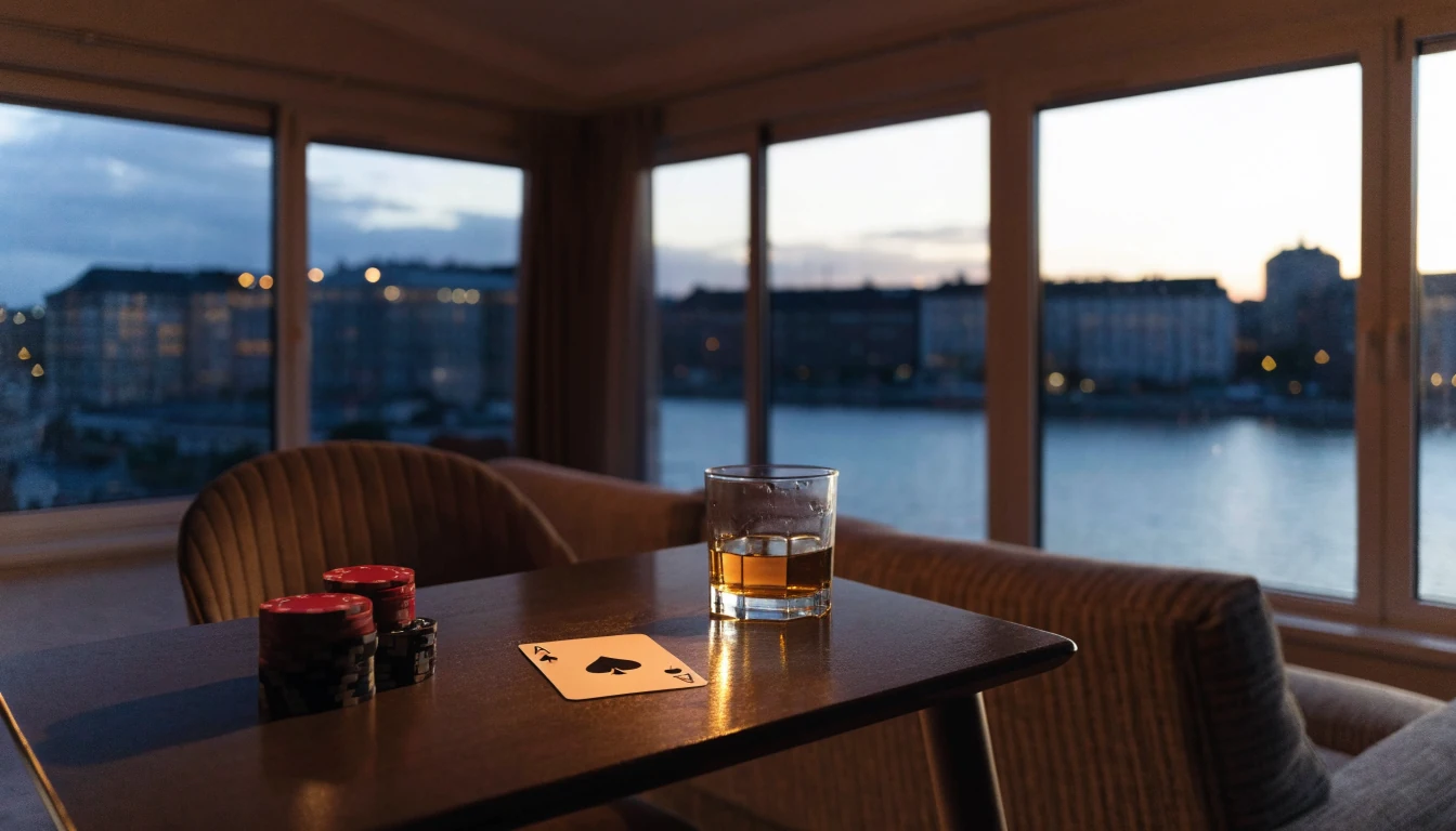 Casinochips och ett ess på ett bord i modern svensk lägenhet med utsikt över Stockholm i skymning