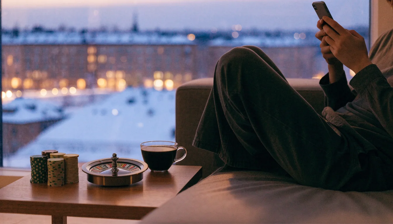 Svensk lähemiljö med mobil, casinotillbehör och vinterutsikt över Stockholm