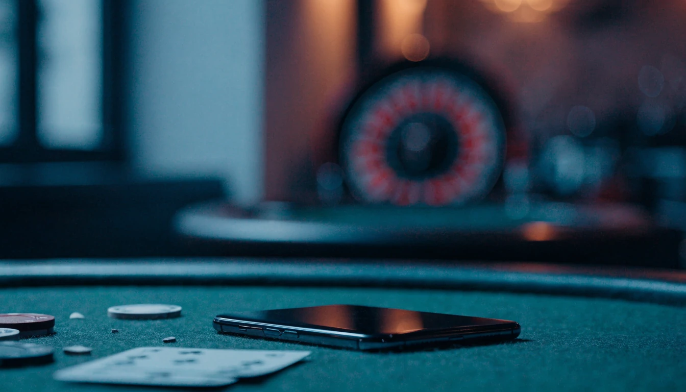 Smartphone med nedåtvänd skärm på casinobord med marker och kort