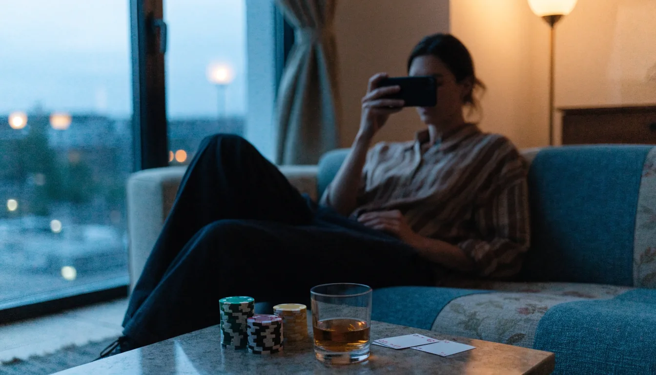 Person i svensk vardagsrum med casinoföremål på bordet