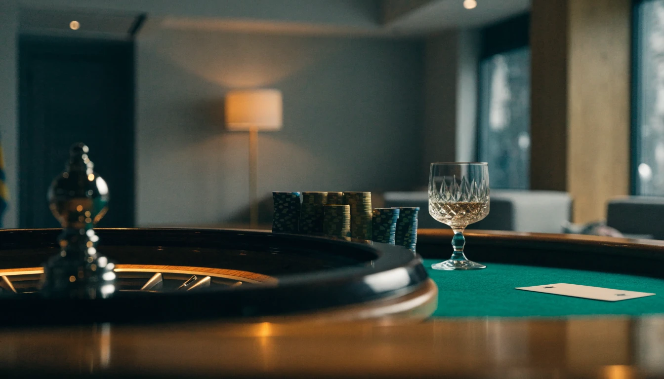 Elegant roulettbord med casinotärningar och whiskeyglas i skandinavisk lyxmiljö